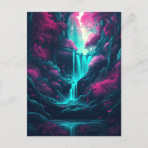 Waterfall Landschaft Wald Pink Blauer Fantasie Postkarte