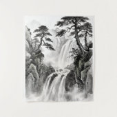 Waterfall Tapestry | Black & White Mountain Art Wandteppich (Vorderseite)