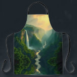 Waterfall Valley Apron Schürze<br><div class="desc">This apron features a breathtaking scenic design of a lush green valley framed by forested cliffs. A majestic waterfall cascades into a winding river, while golden light from sunrise or sunset illuminates the sky, creating a serene and picturesque atmosphere. The artwork blends natural beauty with artistic detail, making this apron...</div>