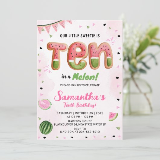Watermelon 10. Geburtstagsparty Einladung (Stehend Vorderseite)