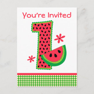 Watermelon 1. Geburtstag Gingham Einladungspostkarte
