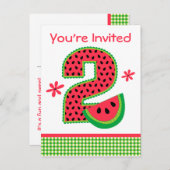 Watermelon 2. Geburtstag Gingham Einladungspostkarte (Vorne/Hinten)
