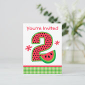 Watermelon 2. Geburtstag Gingham Einladungspostkarte (Stehend Vorderseite)