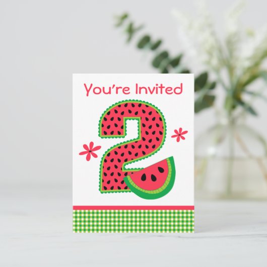 Watermelon 2. Geburtstag Gingham Einladungspostkarte (Stehend Vorderseite)