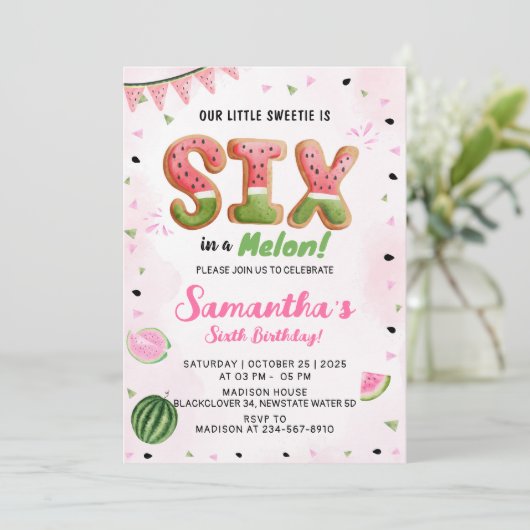 Watermelon 6h Geburtstagsparty Einladung (Stehend Vorderseite)
