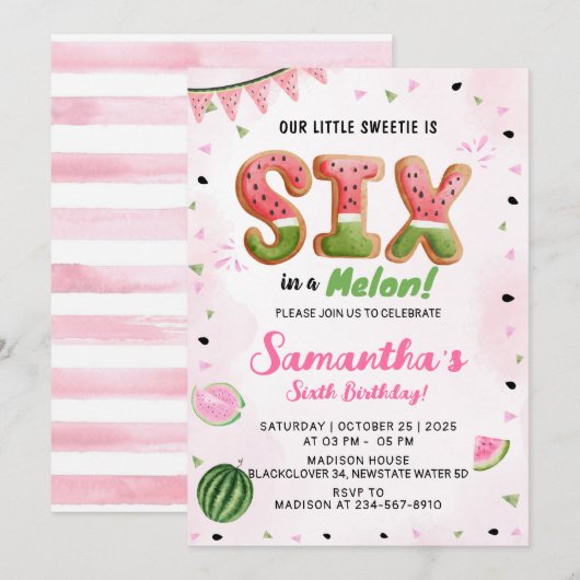 Watermelon 6h Geburtstagsparty Einladung (Vorne/Hinten)