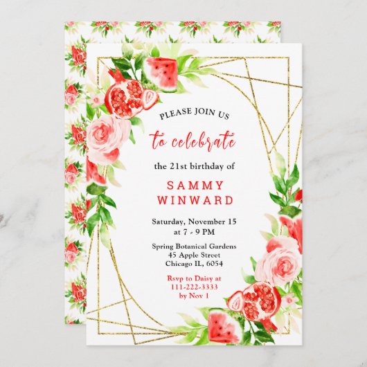 Watermelon and Pomegranate Birthday Einladung (Vorne/Hinten)