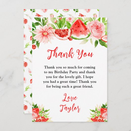 Watermelon and Pomegranate Birthday Party Dankeskarte (Vorne/Hinten)