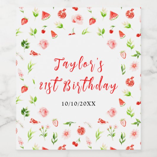 Watermelon and Pomegranate Birthday Weinetikett (Einzelnes Label)