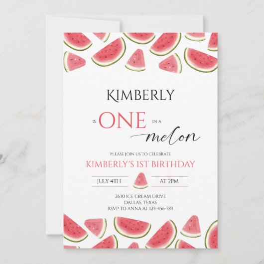 Watermelon Birthday, One in Melon Birthday Party Einladung (Vorderseite)