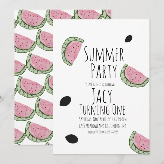 Watermelon Birthday Watercolor Sommersaat Einladung (Vorne/Hinten)