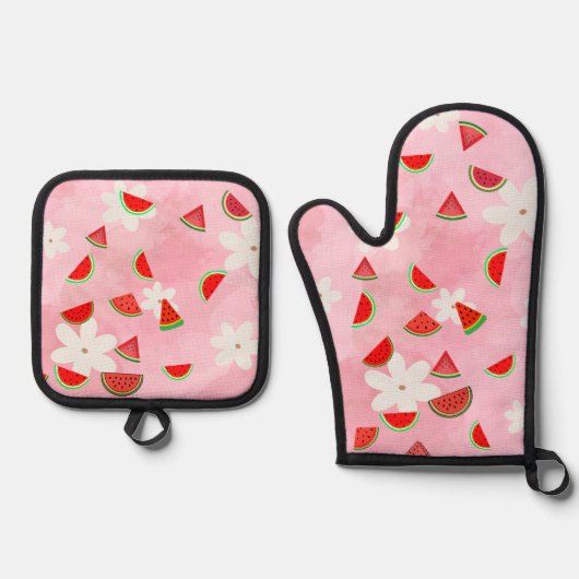 "Watermelon Bloom - Fun Summer Floral Pattern" Ofenhandschuh & Topflappen-Set (Vorderseite)