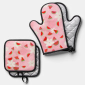 "Watermelon Bloom - Fun Summer Floral Pattern" Ofenhandschuh & Topflappen-Set (Vorderseite/Rückseite)