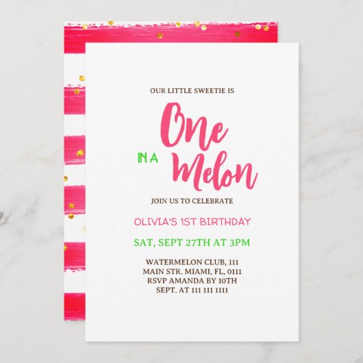 Watermelon Butterflies Girl 1. Geburtstag Einladung (Vorne/Hinten)