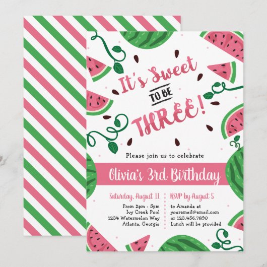 Watermelon Dritte Geburtstagspartei Einladung (Vorne/Hinten)