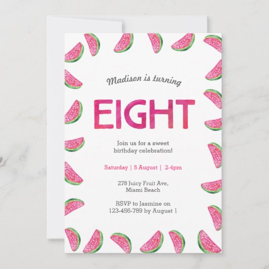 Watermelon Einladung zum 8. Geburtstag (Vorderseite)