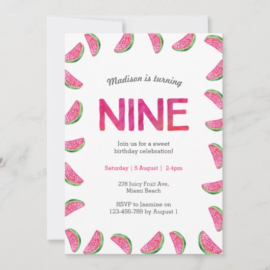 Watermelon Einladung zum 9. Geburtstag (Vorderseite)