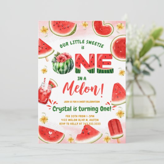 Watermelon First Birthday Einladung (Stehend Vorderseite)