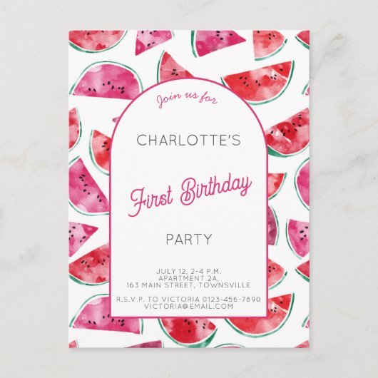 Watermelon First Birthday Party Postkarte (Vorderseite)