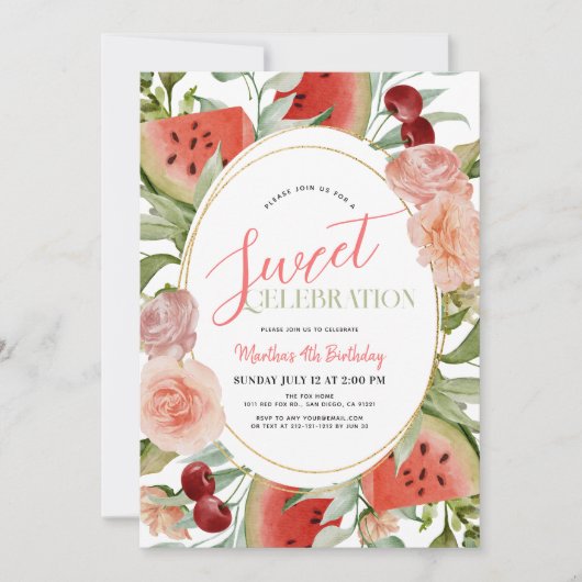 Watermelon Floral Sweet Celebration Girl Einladung (Vorderseite)