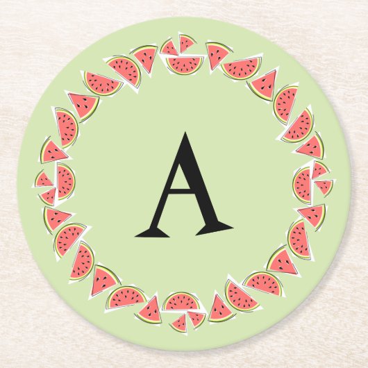 Watermelon Green Pieces Circle Monogram Runder Pappuntersetzer (Vorderseite)