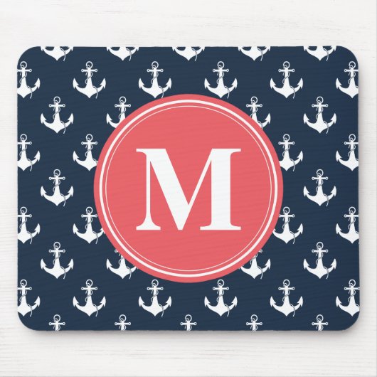 Watermelon Mit Monogramm Navy Blue Anchor Muster Mousepad (Vorne)