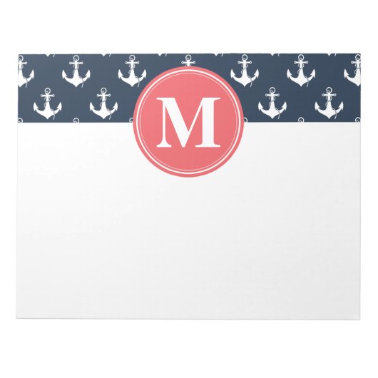 Watermelon Mit Monogramm Navy Blue Anchor Muster Notizblock (Vorderseite)
