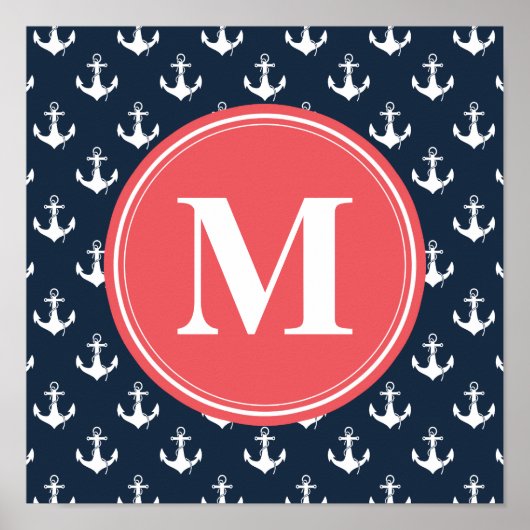 Watermelon Mit Monogramm Navy Blue Anchor Muster Poster (Vorne)