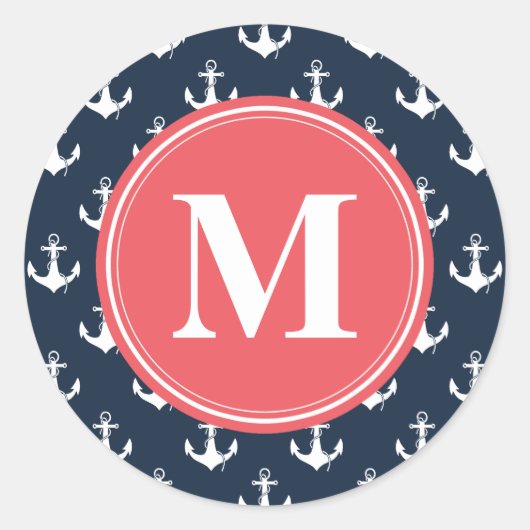 Watermelon Mit Monogramm Navy Blue Anchor Muster Runder Aufkleber (Vorderseite)