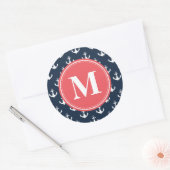 Watermelon Mit Monogramm Navy Blue Anchor Muster Runder Aufkleber (Umschlag)