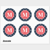 Watermelon Mit Monogramm Navy Blue Anchor Muster Runder Aufkleber (Blatt)