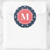 Watermelon Mit Monogramm Navy Blue Anchor Muster Runder Aufkleber (Tasche)
