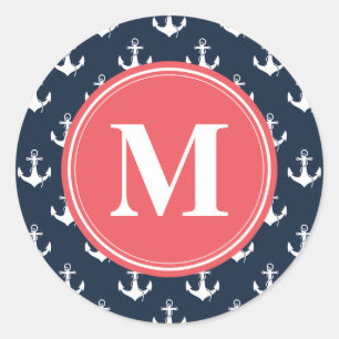 Watermelon Mit Monogramm Navy Blue Anchor Muster Runder Aufkleber