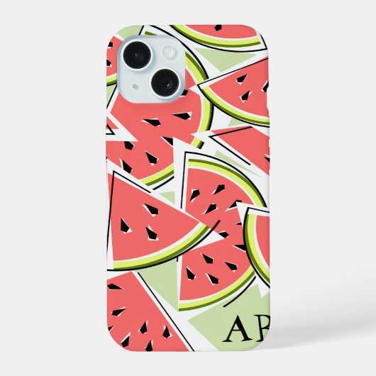 Watermelon 'Monogram' grüne iPhone Gehäuse vertika 15 Hülle (Rückseite)