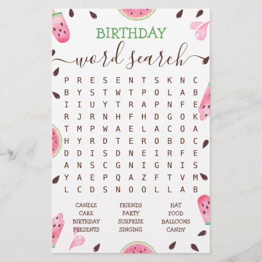 Watermelon One In A Melon Birthday Word Search (Vorderseite)