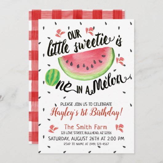 Watermelon ONE in Melon Watercolor Red Gingham Einladung (Vorne/Hinten)