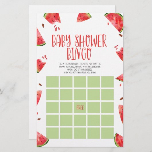 Watermelon Pink Green Bingo Baby Showspiel Briefpapier (Vorne/Hinten)