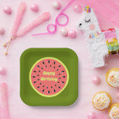 Watermelon Pink Happy Birthday Square Pappteller (Party)