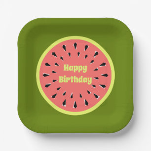 Watermelon Pink Happy Birthday Square Pappteller