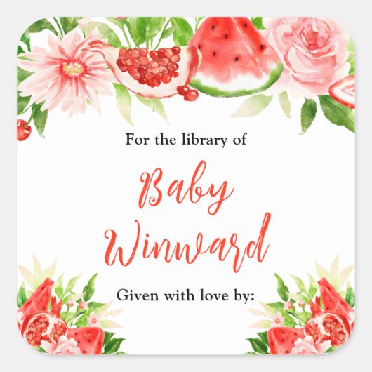Watermelon Pomegranate Baby Shower Bookplate Quadratischer Aufkleber (Vorderseite)