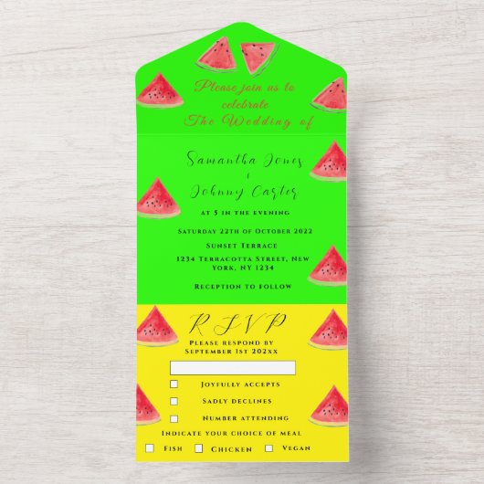 Watermelon Tropical Fruit Trendy Neon Wedding All In One Einladung (Innen Boden)
