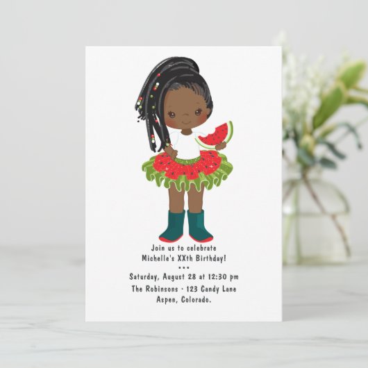 Watermelon Tutu American Black Girl Birthday Party Einladung (Stehend Vorderseite)
