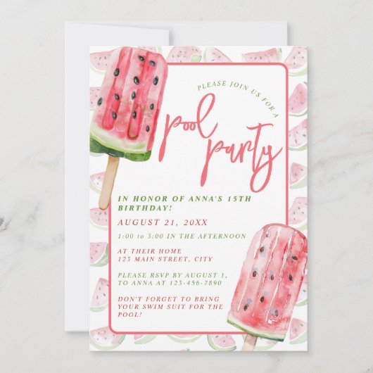 Watermelon Watercolor Summer Pool Party Einladung (Vorderseite)