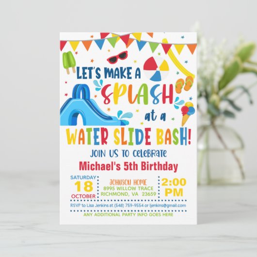 Waterslide Bash Birthday Einladung - Junge (Stehend Vorderseite)