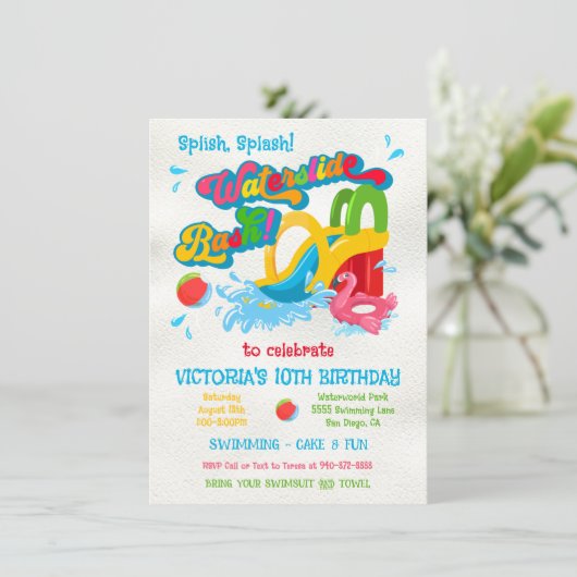Waterslide Pool Party BIrthday Bash Einladung (Stehend Vorderseite)