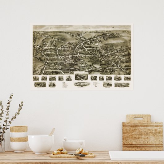 Watertown, CT Panoramic Map - 1918 Poster (Küche)