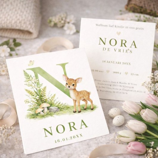 Waterverf Hert Monogram N Geboortekaartje   Karte