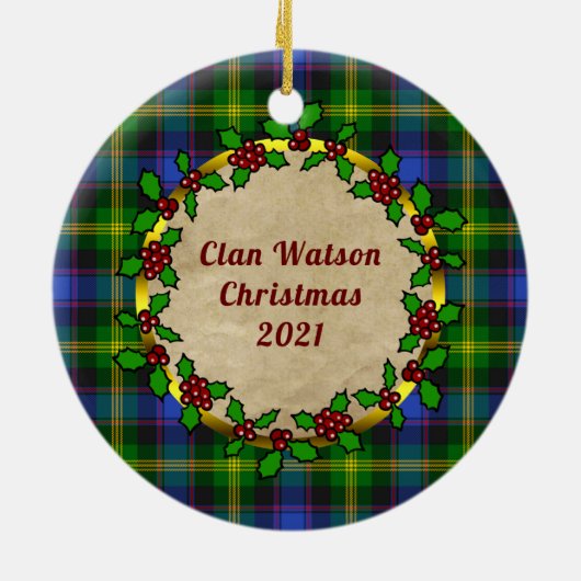 Watson Clan Abzeichen & Tartan Personalisiert Xmas Keramik Ornament (Hinten)