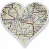 Waupaca WI Vintage Karte Aufkleber (Vorderseite)