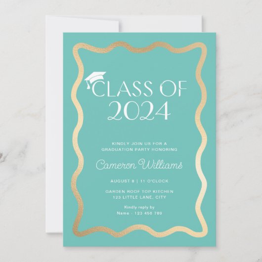 Wave Aqua Gold Graduation Party Einladung (Vorderseite)